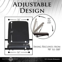 Adjustable chair design with measurements and recline angle illustration on a white background.