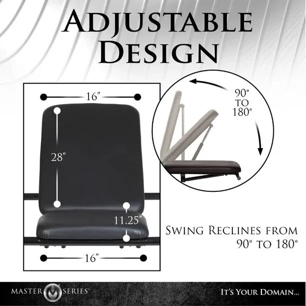 Adjustable chair design with measurements and recline angle illustration on a white background.