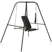 Black swing set with seat on a white background