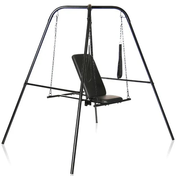 Black swing set with seat on a white background