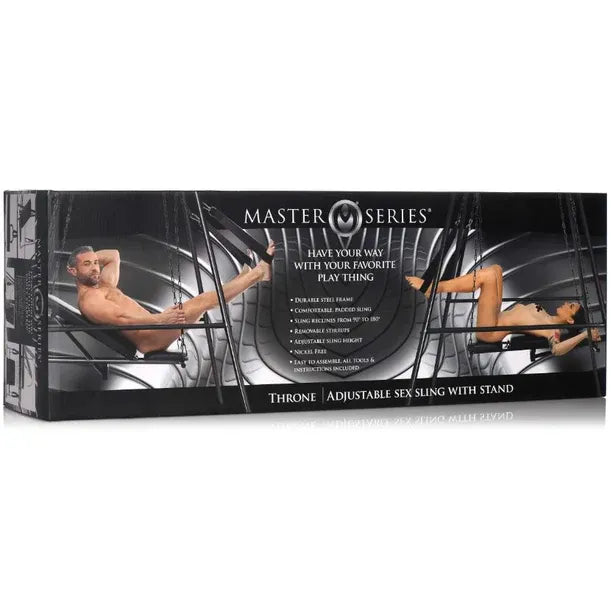 Box for Master Series Throne adjustable sex sling with stand on a white background