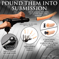 Sex machine with features highlighted on a gray background