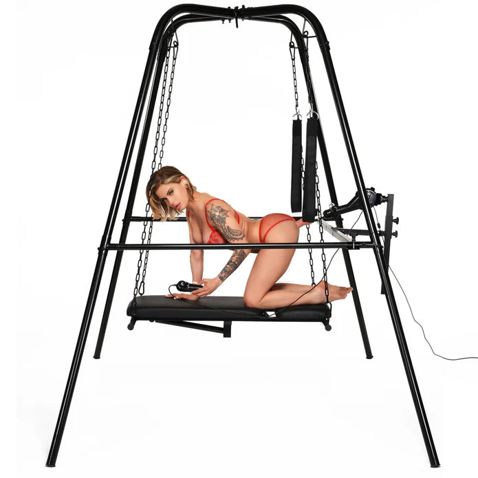 Person on a swing with a black stand and chains against a white background