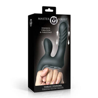 Master Series Thrust Pounder silicone vibrator in its original black retail packaging, featuring a graphic of the black curved vibrator and a hand demonstrating use.