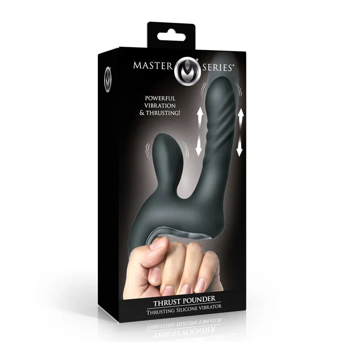 Master Series Thrust Pounder silicone vibrator in its original black retail packaging, featuring a graphic of the black curved vibrator and a hand demonstrating use.