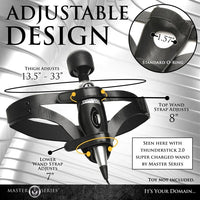 Master Series Thunder Strap Wand Thigh Harness with an adjustable 13.5–33 inch thigh strap, 1.57-inch standard O-ring, 8-inch adjustable upper wand strap, and 7-inch adjustable lower wand strap. Second image shows the black vegan leather harness, adjustable buckle strap, O-ring opening, and wand-securing straps. Wand not included.