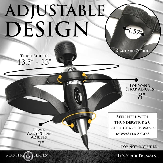 Master Series Thunder Strap Wand Thigh Harness with an adjustable 13.5–33 inch thigh strap, 1.57-inch standard O-ring, 8-inch adjustable upper wand strap, and 7-inch adjustable lower wand strap. Second image shows the black vegan leather harness, adjustable buckle strap, O-ring opening, and wand-securing straps. Wand not included.