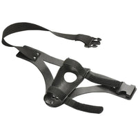 Master Series Thunder Strap Wand Thigh Harness with an adjustable 13.5–33 inch thigh strap, 1.57-inch standard O-ring, 8-inch adjustable upper wand strap, and 7-inch adjustable lower wand strap. Second image shows the black vegan leather harness, adjustable buckle strap, O-ring opening, and wand-securing straps. Wand not included.
