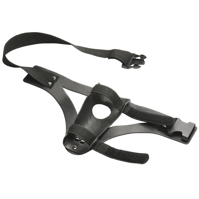 Master Series Thunder Strap Wand Thigh Harness with an adjustable 13.5–33 inch thigh strap, 1.57-inch standard O-ring, 8-inch adjustable upper wand strap, and 7-inch adjustable lower wand strap. Second image shows the black vegan leather harness, adjustable buckle strap, O-ring opening, and wand-securing straps. Wand not included.