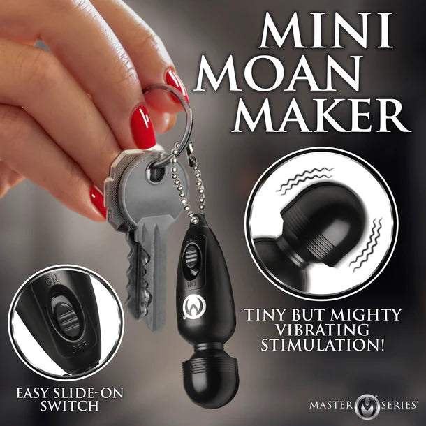 Black 'Mini Moan Maker' device attached to keys with promotional text and Master Series logo.