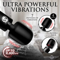 Black personal massager shown in a promotional graphic with text reading 'ULTRA POWERFUL VIBRATIONS,' '7 PATTERNS OF VIBRATION,' '4 SPEEDS,' 'FLEXIBLE NECK,' and 'UP TO 8,800 RPM.' The product is shown partially submerged in water, with circular callouts highlighting features and the Master Series branding at the bottom right.
