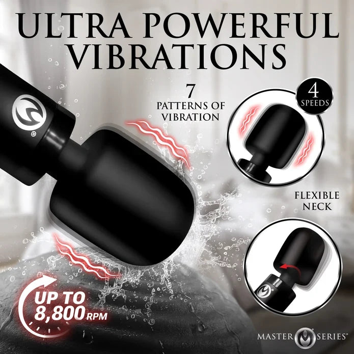 Black personal massager shown in a promotional graphic with text reading 'ULTRA POWERFUL VIBRATIONS,' '7 PATTERNS OF VIBRATION,' '4 SPEEDS,' 'FLEXIBLE NECK,' and 'UP TO 8,800 RPM.' The product is shown partially submerged in water, with circular callouts highlighting features and the Master Series branding at the bottom right.