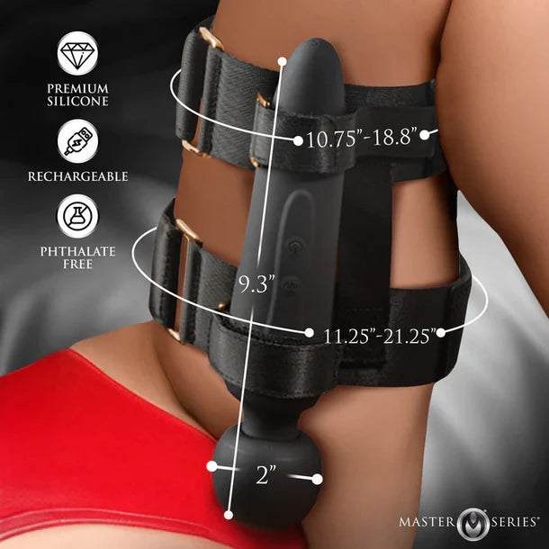 Black leg strap with measurements and features on a person wearing a red top.