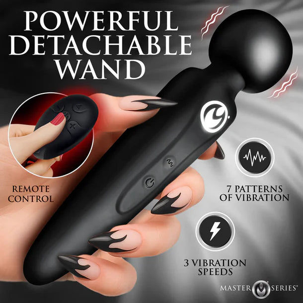 Black detachable wand with remote control held by a hand, featuring text on patterns and speeds.