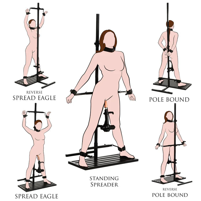 Illustrations of different bondage positions using a standing spreader.