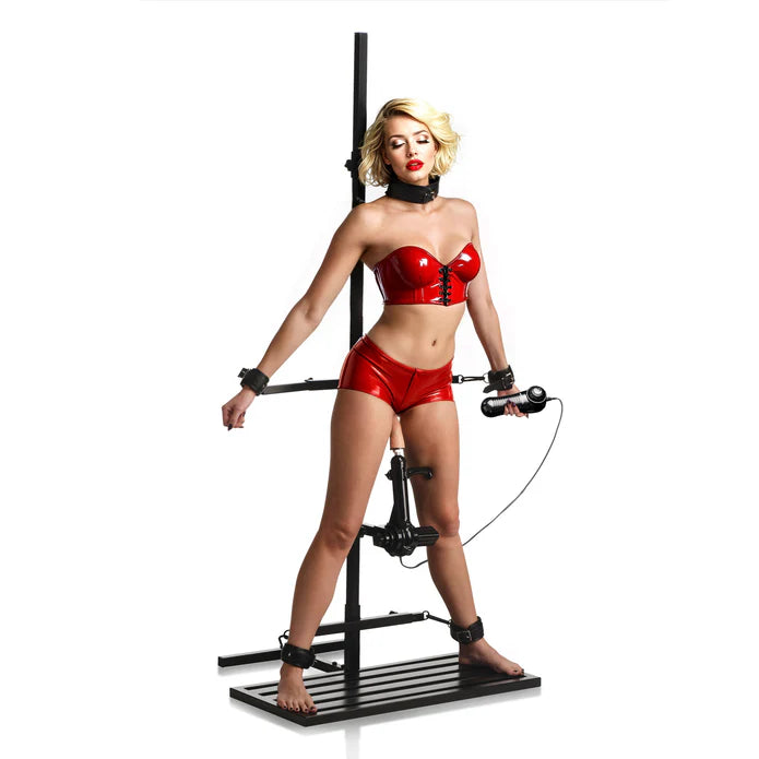 Person wearing a red outfit on a mechanical device against a white background
