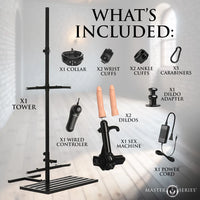 Product display with various items including a tower, collars, cuffs, carabiners, dildos, and more, with text indicating what's included.