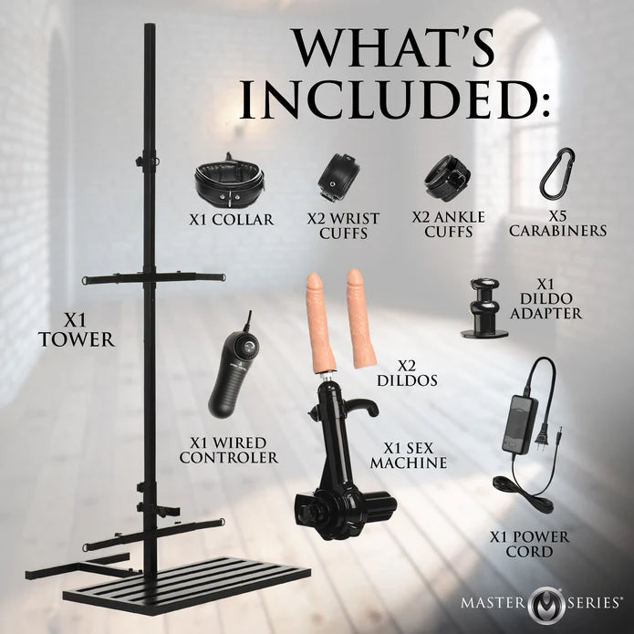 Product display with various items including a tower, collars, cuffs, carabiners, dildos, and more, with text indicating what's included.