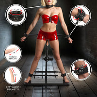 Woman in red latex outfit with measurement details on a dark background