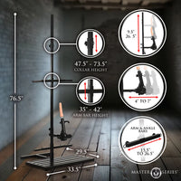 Measurement chart for a Master Series product on a wooden floor with a gray wall background.