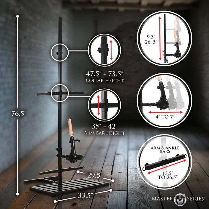 Measurement chart for a Master Series product on a wooden floor with a gray wall background.