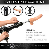 Advertisement for a 'Extreme Sex Machine' with product features and Master Series branding.