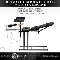 Ultimate Obedience Chair with Sex Machine by Master Series on a white background
