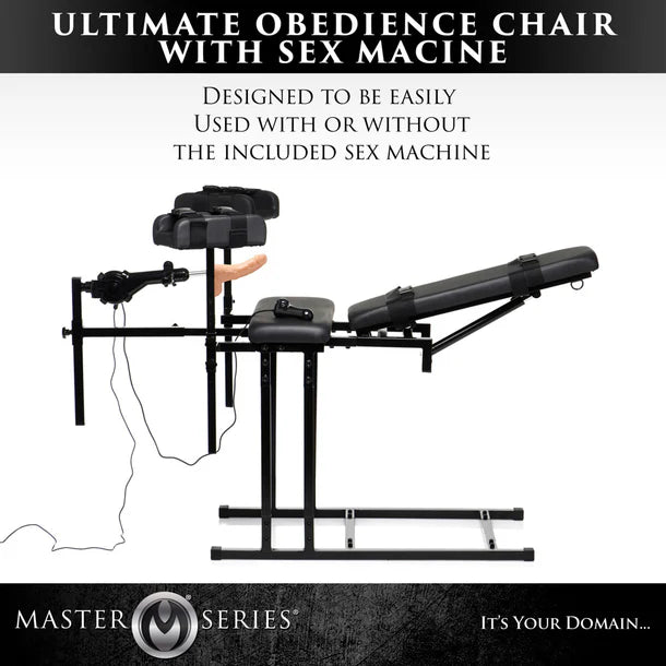 Ultimate Obedience Chair with Sex Machine by Master Series on a white background