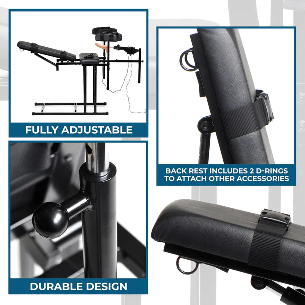 ultimate obedience chair with adjustable back rest and D-rings, labeled 'Fully Adjustable', 'Back Rest Includes 2 D-Rings', and 'Durable Design'.