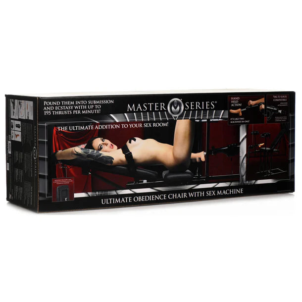 Product packaging for a Master Series ultimate obedience chair with sex machine on a white background