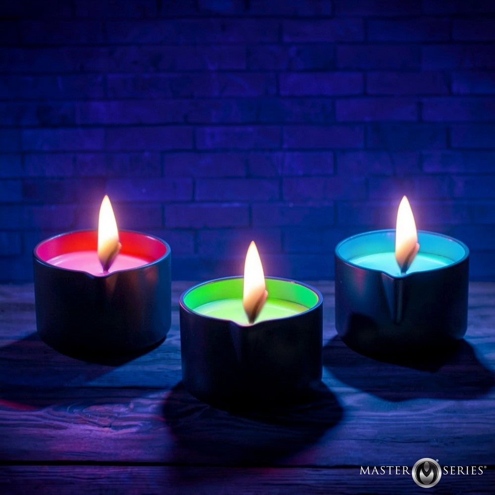 Three colorful candles with lit flames on a dark background, featuring the Master Series logo.