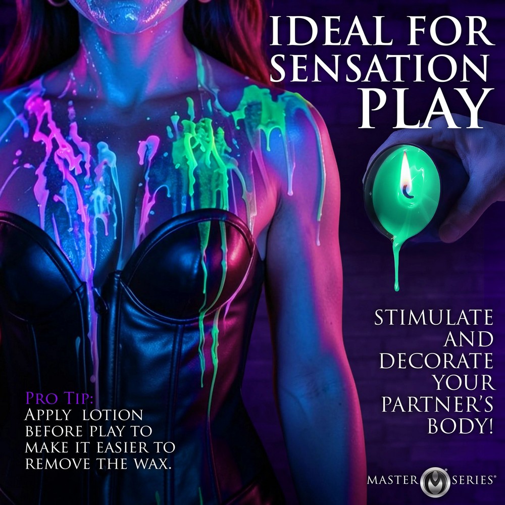 Person with colorful body wax and text about sensation play and wax removal.