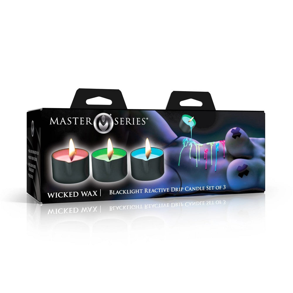 Packaging of Master Series Wicked Wax Blacklight Reactive Drip Candle set on a white background