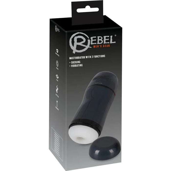 black and grey packaging with the clear masturbator with a black hard shell on the front 