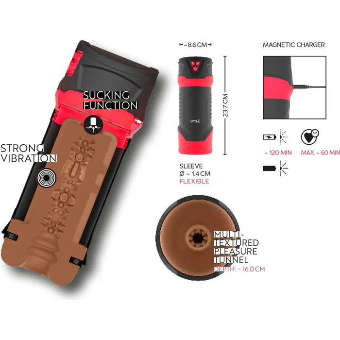 Image shows the internal structure of the brown masturbator. There are secondary images showing the charging information and sleeve size 