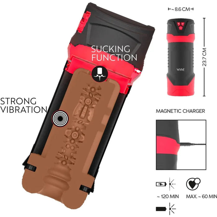 Image shows the internal structure of the brown masturbator as well as the size dimensions and the charge information
