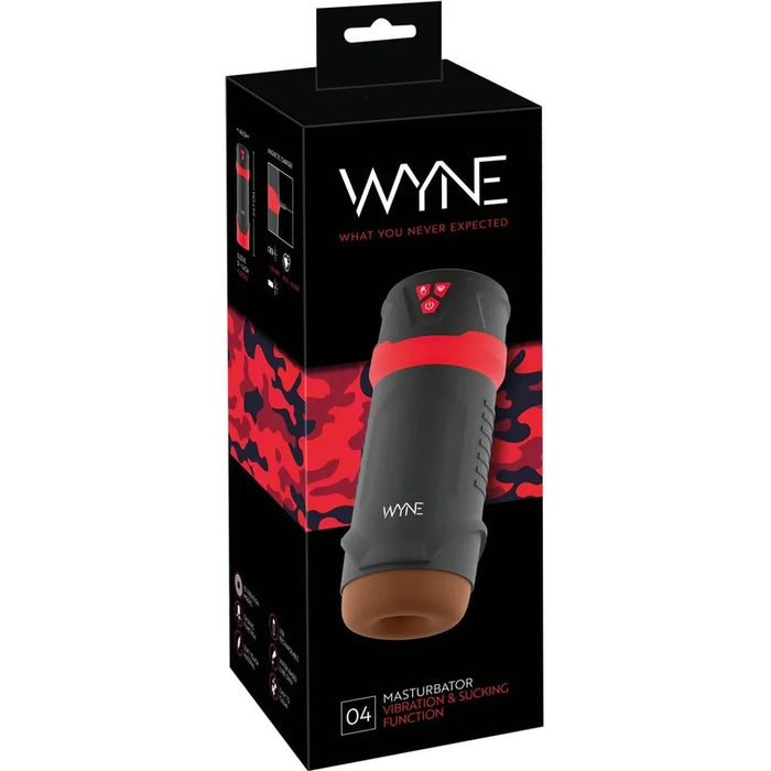 Black and red packaging with the masturbator on the front. The brown masturbator has a circle opening and a black and red hard shell 