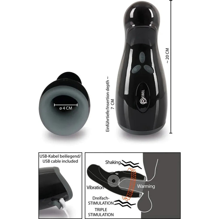Image shows the masturbator with a large circle opening and a black hard shell. there is also product function information written 