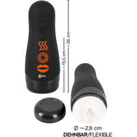 Image shows the white masturbator with a circle opening and a hard black shell. The size dimensions are written and there are three orange symbols on the black shell, one for the warming function another for the vibration and the third for the shaking function 