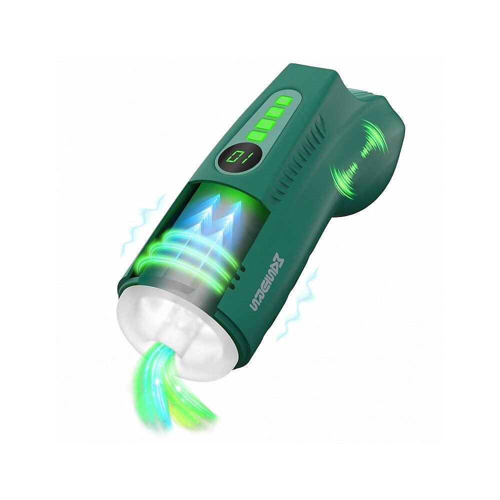 Green handheld masturbator with LED lights and fan on a white background
