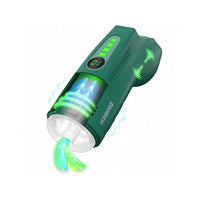 Green handheld masturbator with LED lights and fan on a white background