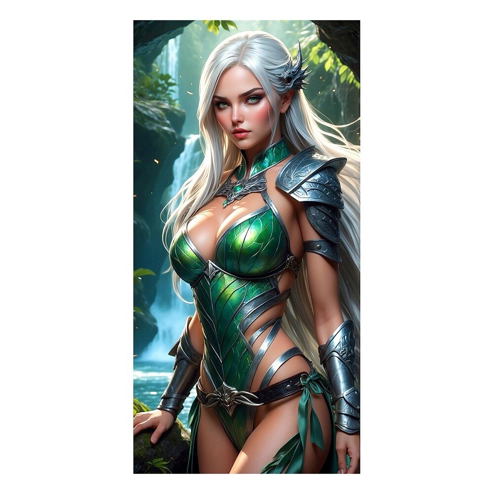 Fantasy character with green and silver armor standing in a lush, forested environment.