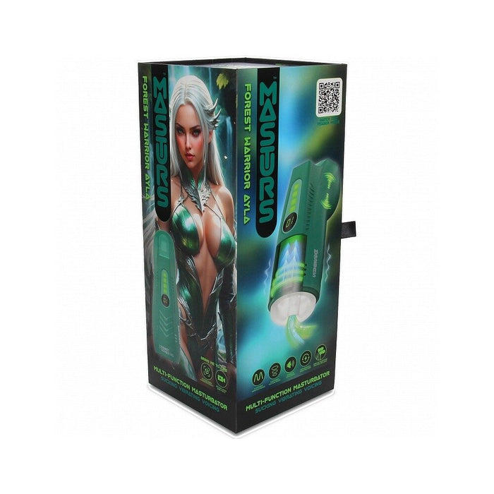 Product packaging with a woman's face and green masturbator on a white background