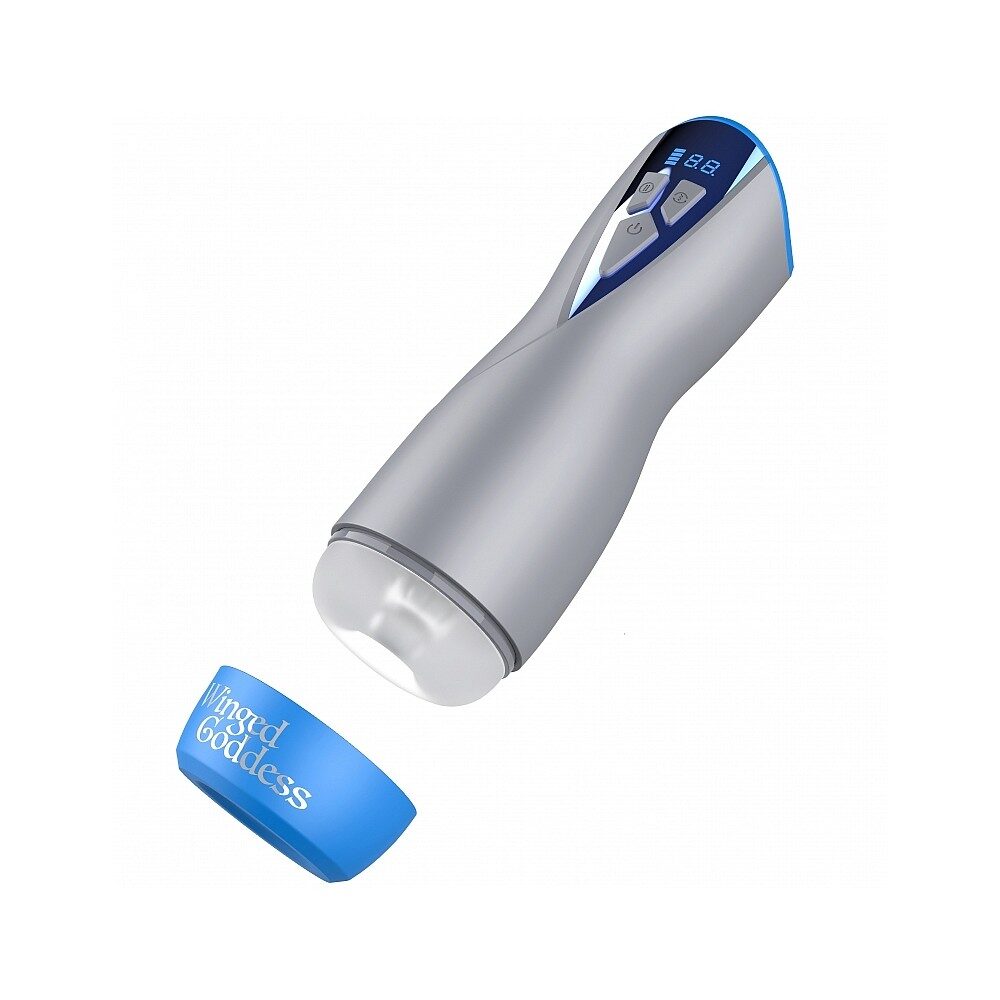 Handheld masturbator with a blue and white design on a white background