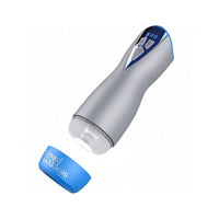 Handheld masturbator with a blue and white design on a white background
