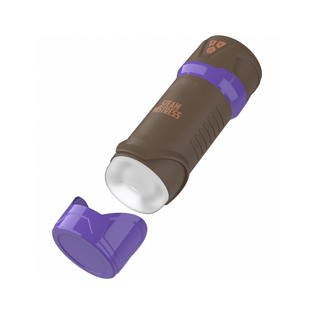 Brown and purple handheld masturbator labeled 'Steam Moisturizer' on a white background