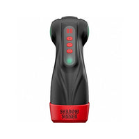 Black and red handheld masturbator with 'Shadow Sinner' branding on a white background