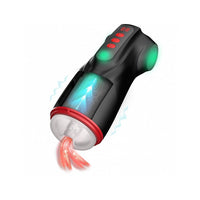 Black and red handheld masturbator with glowing blue and red lights on a white background