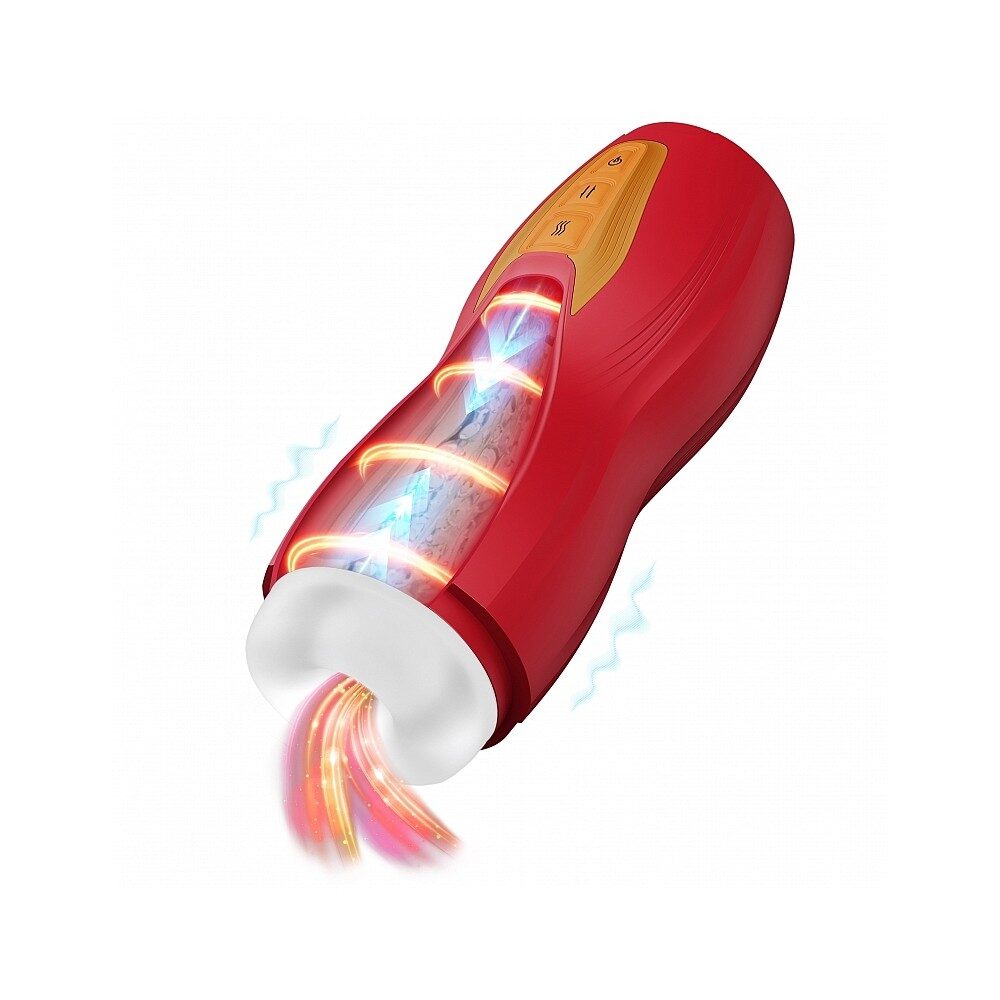 Red and white masturbator with glowing components on a white background