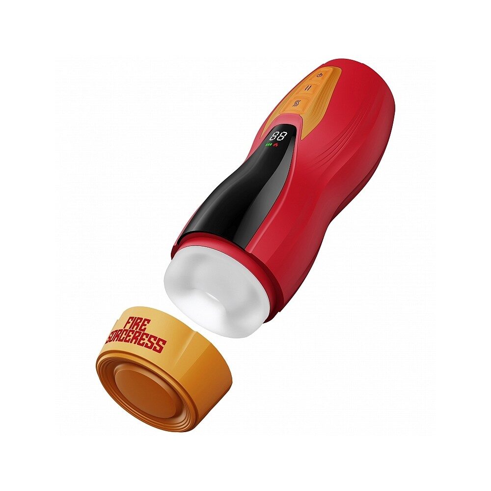 Red and black handheld masturbator with digital display on a white background